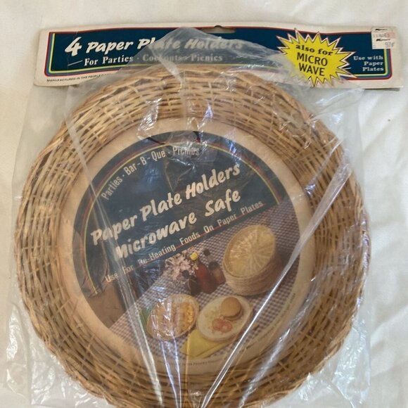 8 Vintage Boho Wicker Rattan Bamboo Paper Plate Holder Camping Picnic Party NOS - Picture 5 of 7